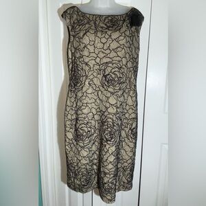 ADRIANNA PAPELL Black Evening SWIRL BLACK ROSETTE MESH LACE PARTY DRESS 12p AA19